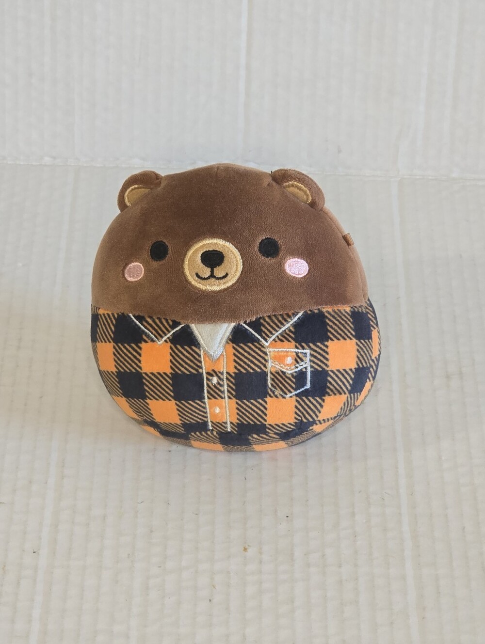 Squishmallows Omar Bear 5in Brown Orange Black Plaid Lumberjack Fall Harvest Toy